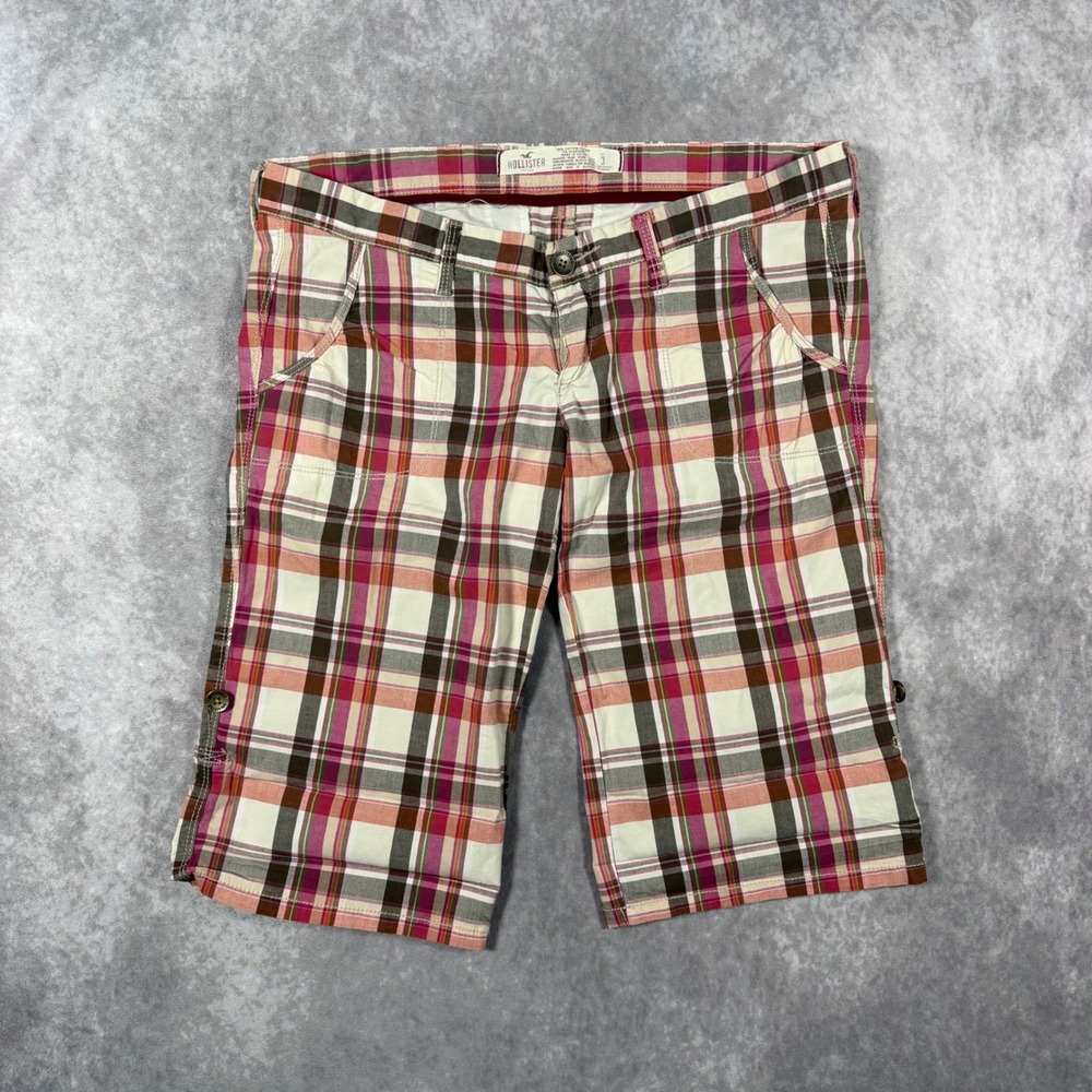 Vintage Hollister Womens 3 Pink Brown Plaid Low Rise Bermuda Shorts Y2K Indie